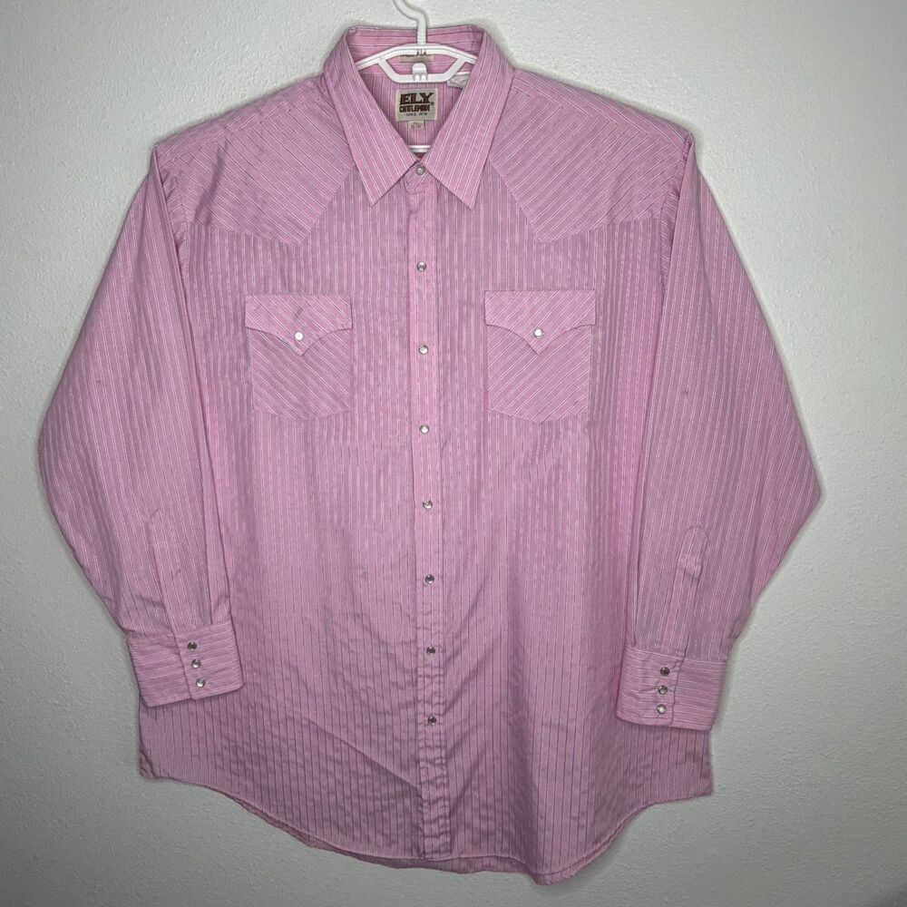 ELY Cattleman Western Shirt Mens 19x36 2XLT Pink Stripe Pearl Snap Cowboy Tall